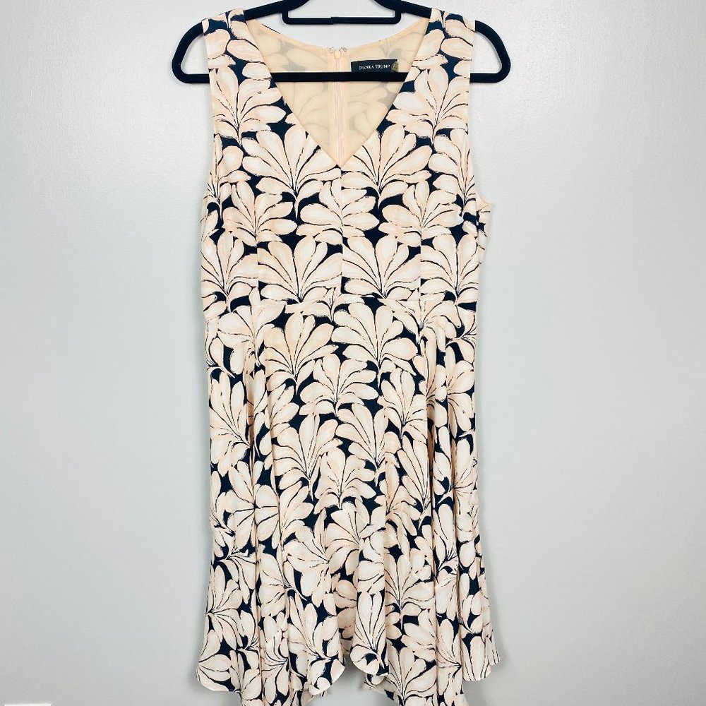 Ivanka Trump Size 14 Pink & Blue Floral V Neck Sleeveless Handkerchief Hem Dress